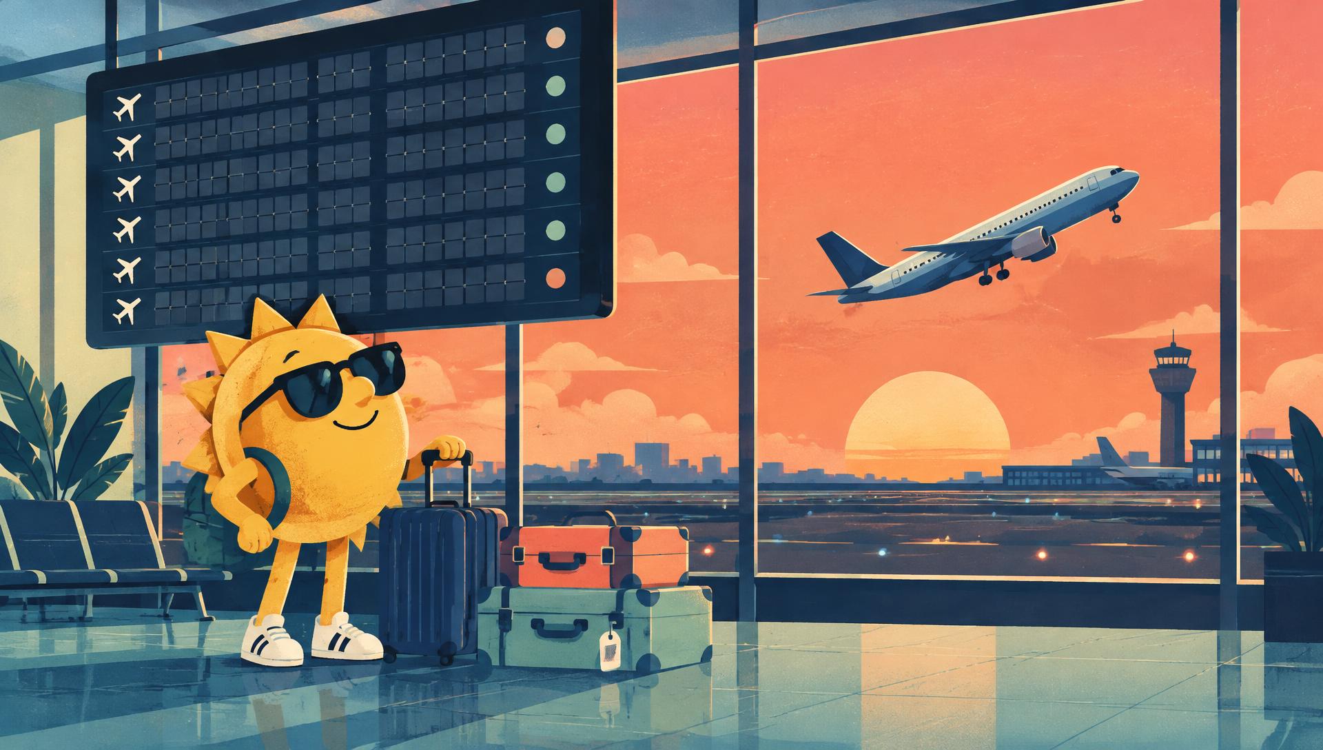 Illustration of the PensionMaxxer sun in dark glasses at an airport with his suitcases, looking up at the departures board as a jet takes off at sunset