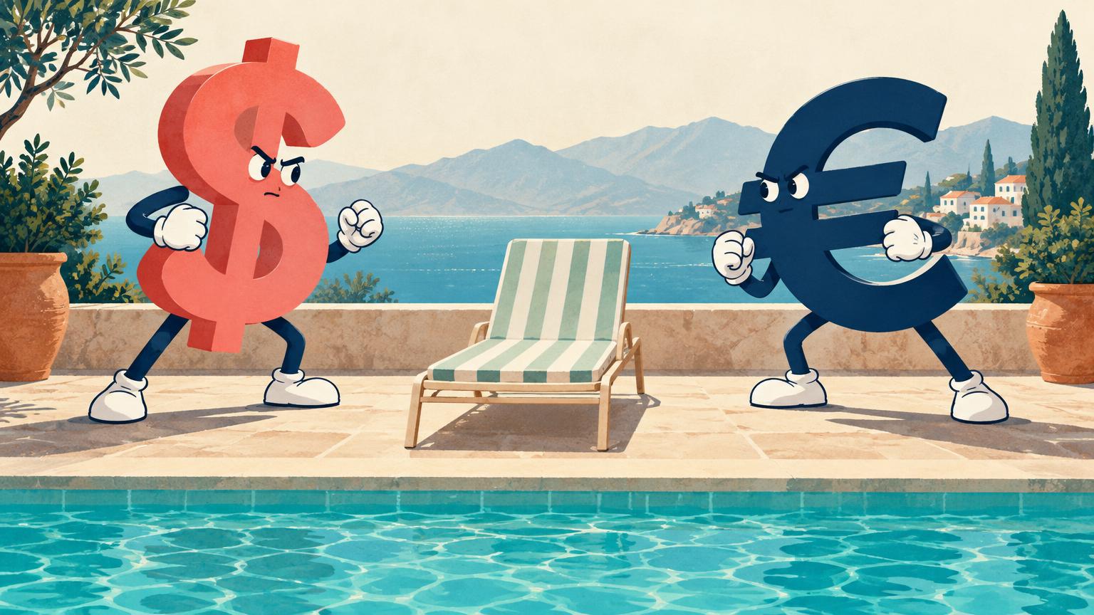 A stylized dollar symbol and euro symbol facing off over a single empty striped pool lounger beside a swimming pool