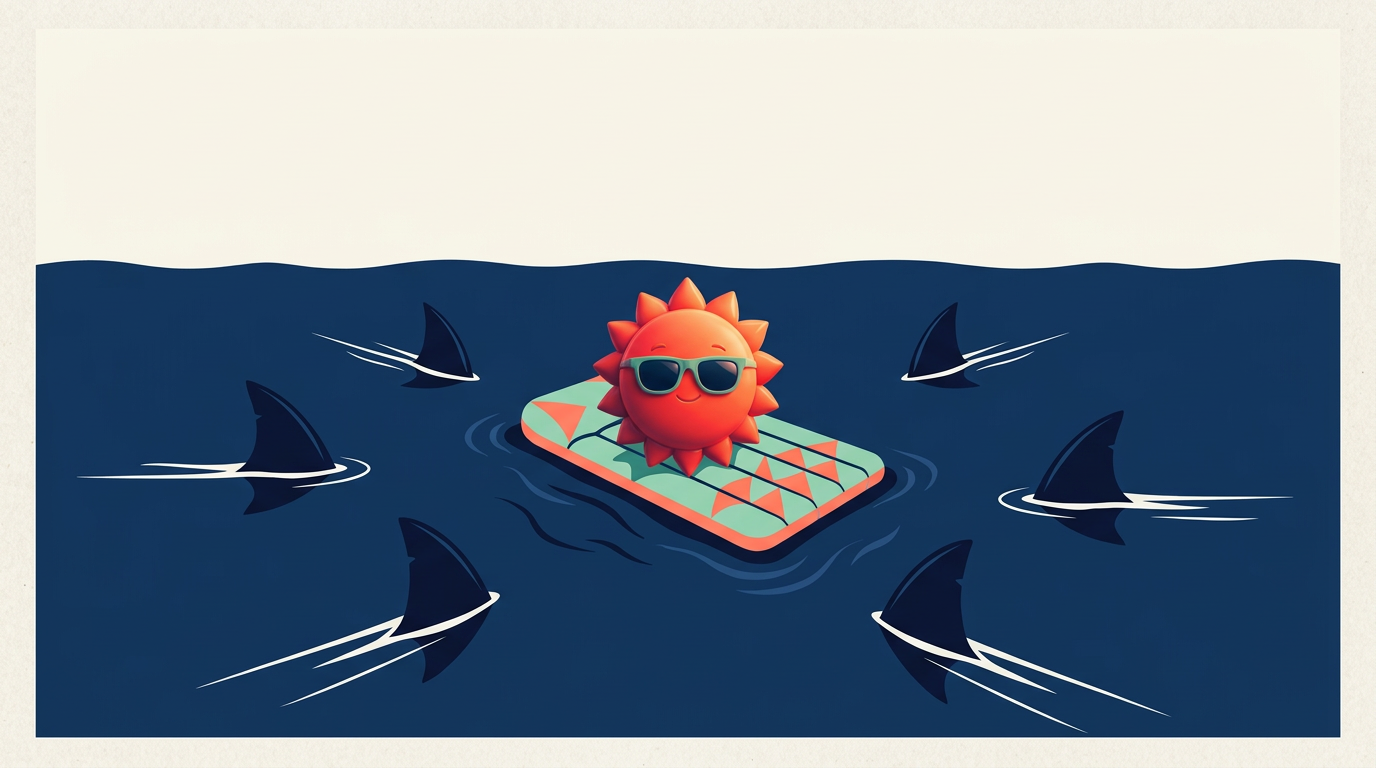 Illustration of the PensionMaxxer smiling sun in sunglasses floating blissfully on a lilo while shark fins circle