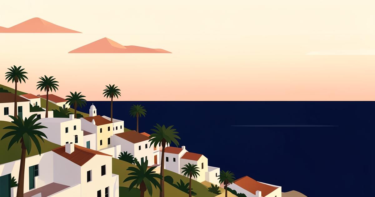 Whitewashed coastal town above a deep navy sea at golden hour