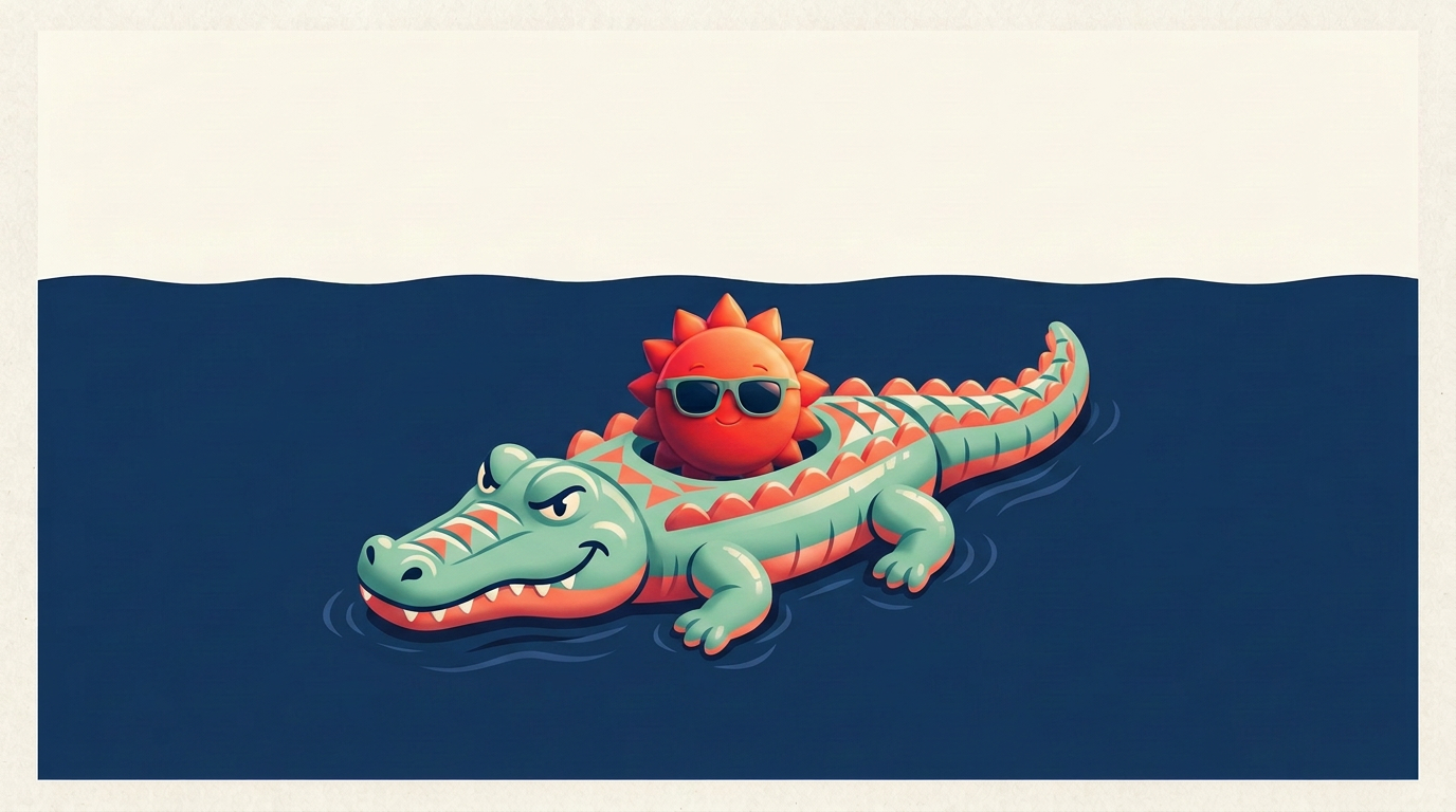 Illustration of the PensionMaxxer smiling sun in dark glasses riding a slightly menacing crocodile-shaped air mattress