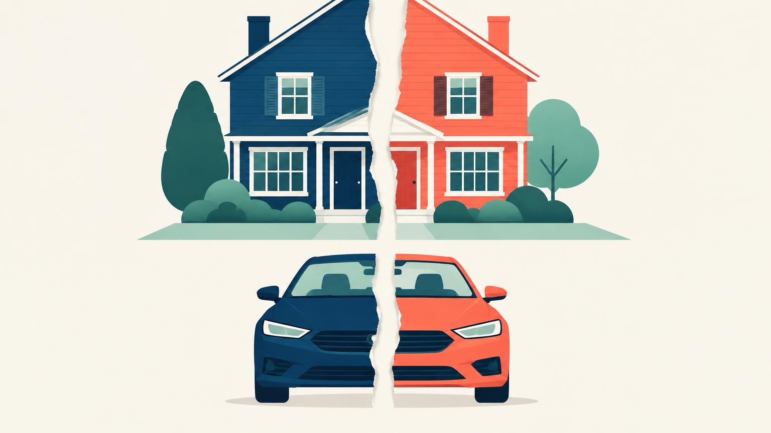 Flat illustration of a house and a car each torn cleanly down the middle into two halves