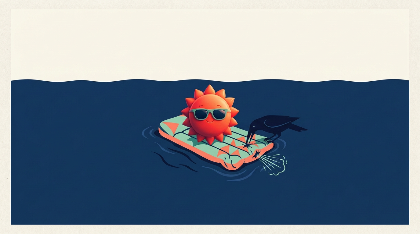Illustration of the PensionMaxxer smiling sun in sunglasses relaxing on an air mattress that a sharp-beaked black bird has just punctured
